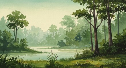 Watercolor Painting of Green Forest Trees and Serene Lake Scenery