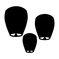Three Black Chinese Lanterns floating in the sky against white background