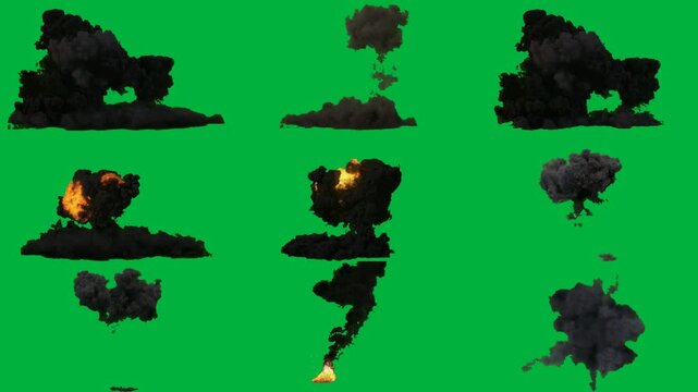 A green screen setup with bunch of mushrooms on it  explosions black smoke clouds movement recognized chroma key background                                                                            