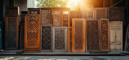 Collection of intricately carved wooden panels with sunlight filtering through the designs