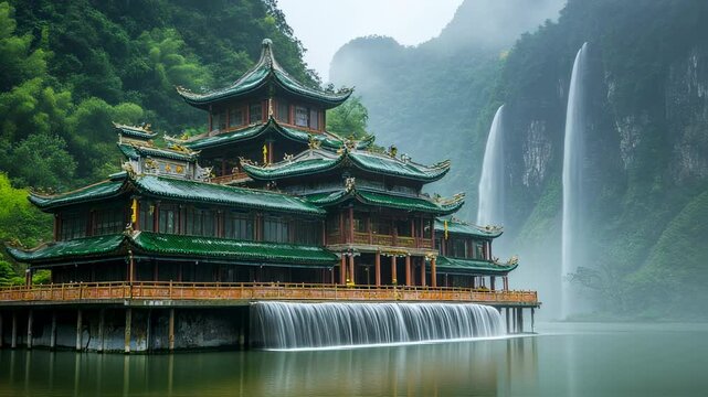 Majestic chinese architecture blending seamlessly with nature, surrounded by water and cascading waterfalls, creating a tranquil and ethereal scene