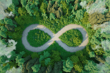 Aerial View of Infinity Symbol Formed by a Path Through Lush Green Forest
