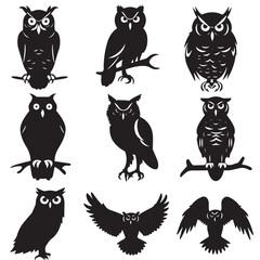  Owl Logo Set Owl Logo Vector Silhouette Stock Illustration , black silhouettes isolated on white background