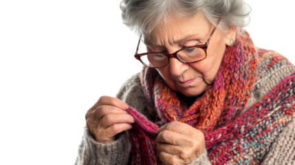 An elderly woman wearing reading glasses, focused on knitting a scarf, Transparent background, PNG file