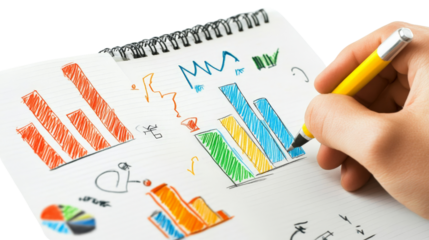 An entrepreneur creating a marketing plan, sketching strategies on a notepad, Transparent background, PNG file