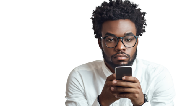 An entrepreneur checking stock performance on a smartphone, with a thoughtful expression, Transparent background, PNG file