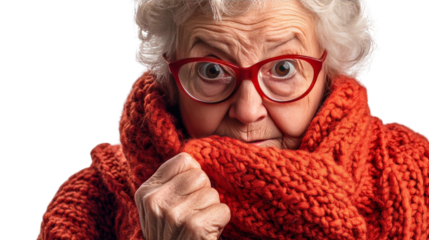 An elderly woman wearing reading glasses, focused on knitting a scarf, Transparent background, PNG file