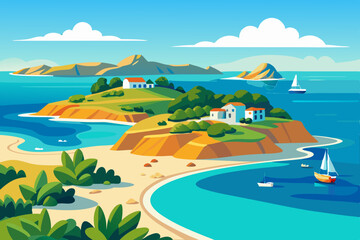 Serene Island Beachscape with Sailing Boats