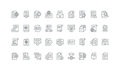 Tax and income audit procedure, invoice, CV thin black outline symbols vector illustration. Legal document, policy and contract, paper certificate, form and file management line icon set.