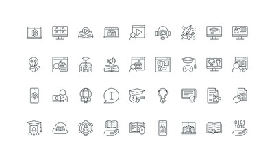 Training at distance, certificate thin black symbols vector illustration. Online education, class and workshop, seminar, digital book of library, information tutorials podcast line icon set.