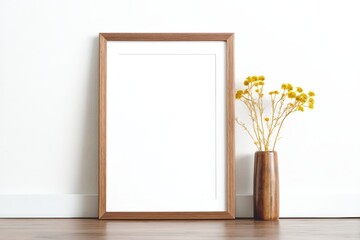 Minimalist wooden frame with blank space beside a brown vase holding yellow dried flowers on a wooden floor, Minimalist home decor.