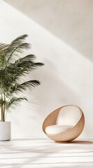 Beige Woven Chair with Palm Plant in a Minimalist Room