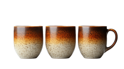 Three ceramic mugs with a gradient effect isolated on a backdrop on transparent background