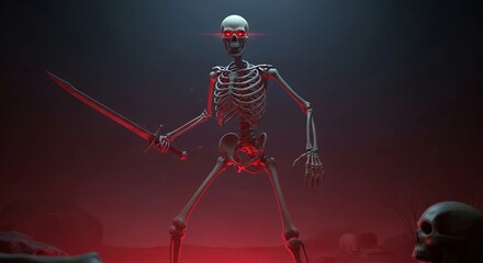 Glowing Red-Eyed Skeleton Holding Weapon at Night