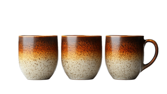 Three ceramic mugs with a gradient effect isolated on a backdrop on transparent background