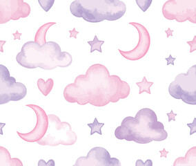 A dreamy watercolor pattern featuring clouds moons stars and hearts in pastel pink and purple hues