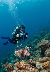 Obraz premium Underwater Photo Diver Explores Coral Reef with Lionfish Marine Life