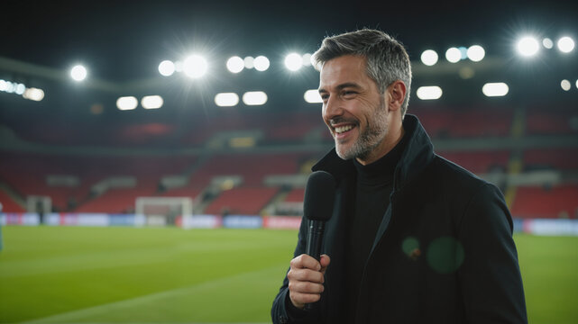 Sports Reporter With Microphone - Stadium Field Interview At Night Match for Sports Media Coverage, Journalism Features, and Sports Journalist Day Content