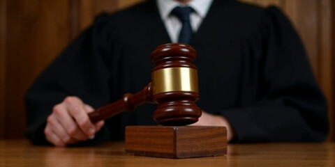 Judge holding gavel and delivering verdict in court setting, photo for thematic fleas, articles about law