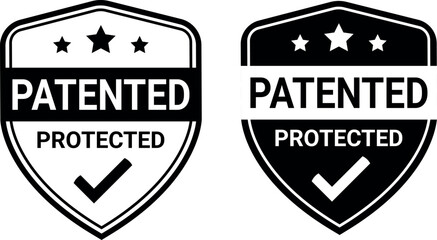 Fototapeta premium Black and white patented badge icons with check mark and stars for protected legal products 
