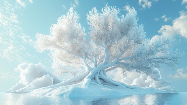 A majestic, ice-covered tree on a snow-covered island