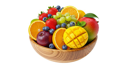 Vibrant Summer Fruit in Wooden Bowl Oranges, Mango, Strawberries isolated on transparent background