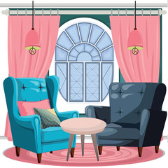 Cozy living room corner with two armchairs in blue and dark gray, a round pink table, large arched window, and pink curtains. Perfect for home interior and relaxation themes.