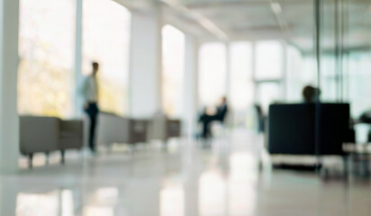 Blurred office interior with people and furniture near large windows light filled.premium high quality blurry office photos for background