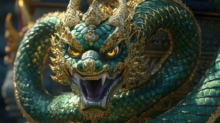 Fototapeta premium Majestic Green Gold Dragon Statue Close Up