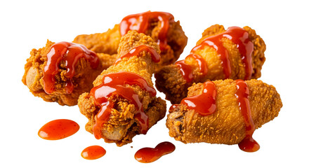 Crispy Fried Chicken Wings with Spicy Sauce Drizzle, Close-up Food Photography isolated on transparent background