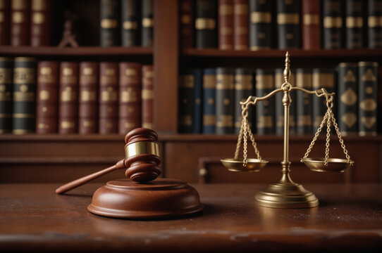 Legal Symbols on Wooden Desk – Gavel, Scales of Justice, and Law Books for Justice Courthouse Imagery and Justice Day Commemorations