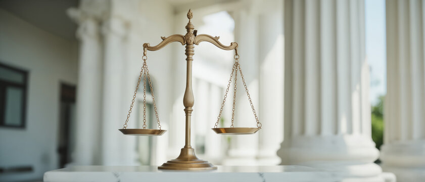 Golden Scales of Justice Close-Up – Decorative Legal Symbol with Courthouse Columns for Justice Day Celebrations, Law Firm Websites, and Courthouse Imagery
