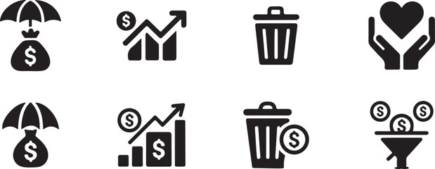Collection of Finance Icons with Money Bag, Growth Chart and Investment Icon
