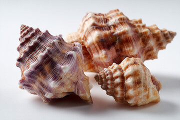 three shells are sitting on a white surface
