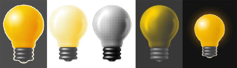 Yellow light bulb in retro style with halftone effect. Set of lightbulbs, cut from a newspaper or magazine for retro collage. Isolated on white or black background with glow. Vector illustration