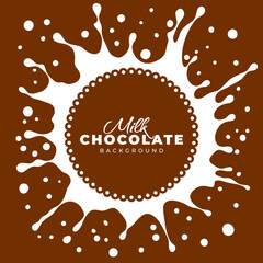 Splash and shake of milk and chocolate. Template with dynamic splash, drops, circle shaped, top view. Can be used for backgrounds, logo, emblem, label of sweet dairy products. Vector illustration