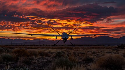 Spectacular sunset over a drone ready for take-off.  Dramatic sky with a UAV aircraft in the evening.