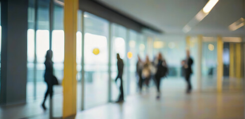 Blurred figures walk in a bright modern building hallway with glass walls.premium high quality blurry office photos for background