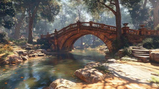 Ancient stone arch bridge over a serene stream in a sunlit forest