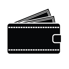 Wallet with paper money icon vector illustration, black and white, wallet clip art, simple wallet and banknotes silhouette, cash clip art, clip art cash