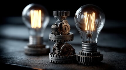 Conceptual photograph of gears transforming into lightbulbs, symbolizing the creative process