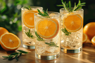 Fototapeta premium glasses of orange gin with rosemary garnish.