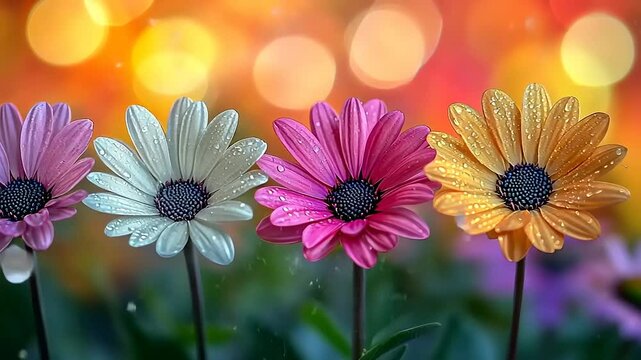 Elegant osteospermum flowers with water droplets and soft, blurred background lights video