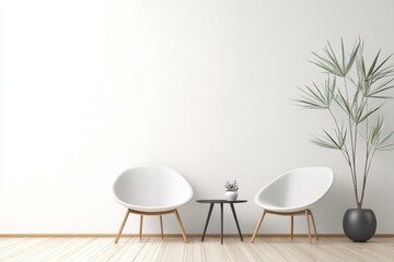 Minimalist interior with two modern chairs, a small table, and a tall potted plant against a white wall, Minimalist home decor.