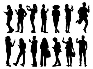 Set of black silhouettes of people using smartphones—talking, texting, chatting, taking photos. Isolated on transparent background. Ideal for tech, communication, and social media themes