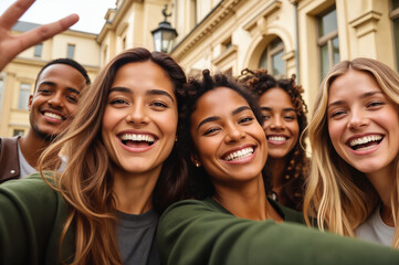 Diverse Group of Friends Taking Selfie - Joyful Young Adults Smiling and Posing Together for International Friendship Day Celebrations and Social Media Content