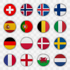 National flags representing the teams competing in the Women's 2025 Football Competition. Vector flag icons with metallic silver borders