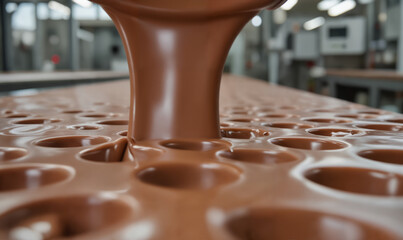 Chocolate Manufacturing Process - Automated Molding Machine Pouring Liquid Chocolate into Detailed Molds for World Chocolate Day Celebrations and Chocolate Factory Tours