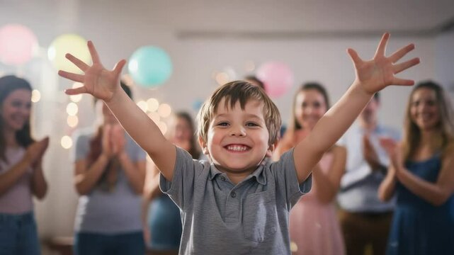 Joyful Young Boy Celebrating with Confetti at a Colorful Birthday Party Surrounded by Friends and Family in a Festive Indoor Environment
