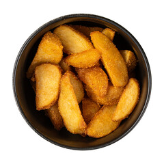 Isolated portion of baked potato wedges in black bowl